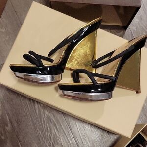 Christian Louboutin Elegant Black and Gold Wedge Heels